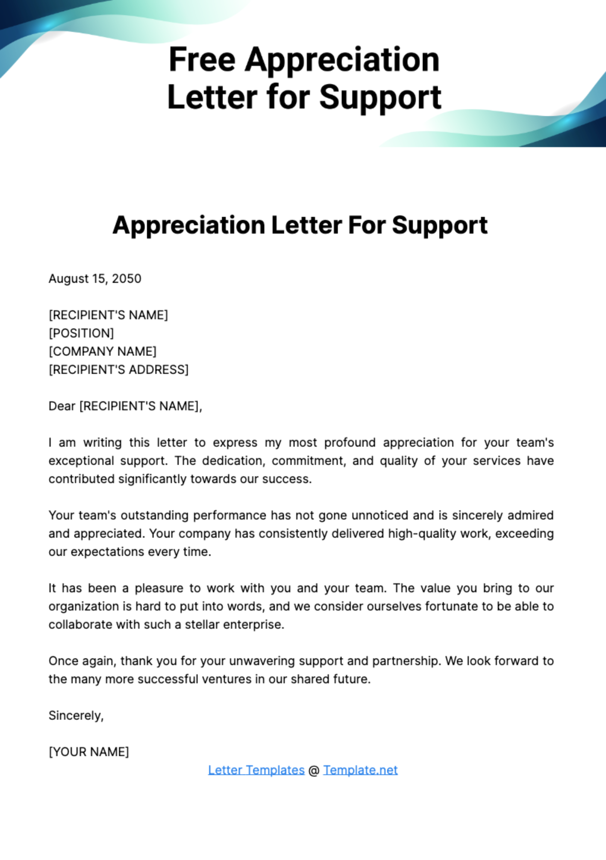Free Appreciation Letter for Support Template