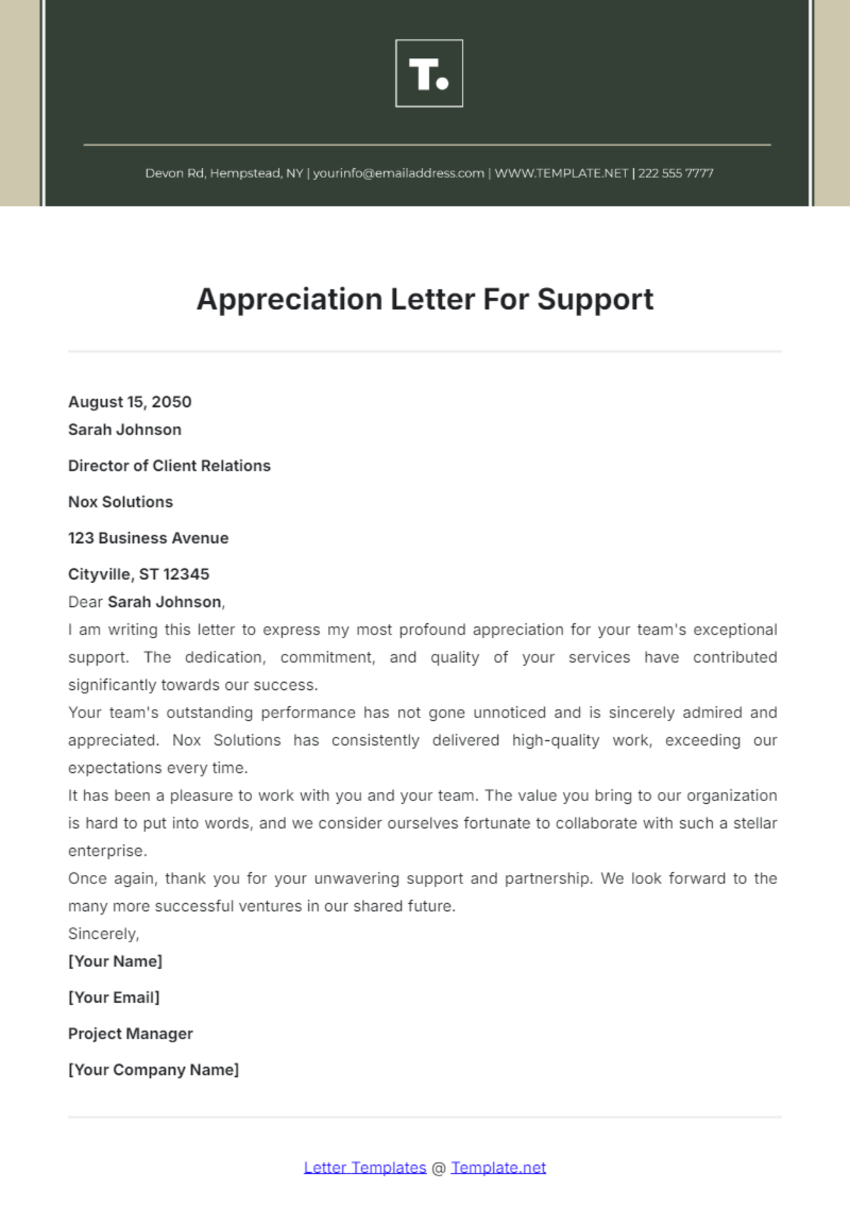 Appreciation Letter for Support Template - Edit Online & Download