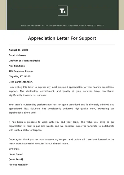 Free Appreciation Letter for Support Template to Edit Online