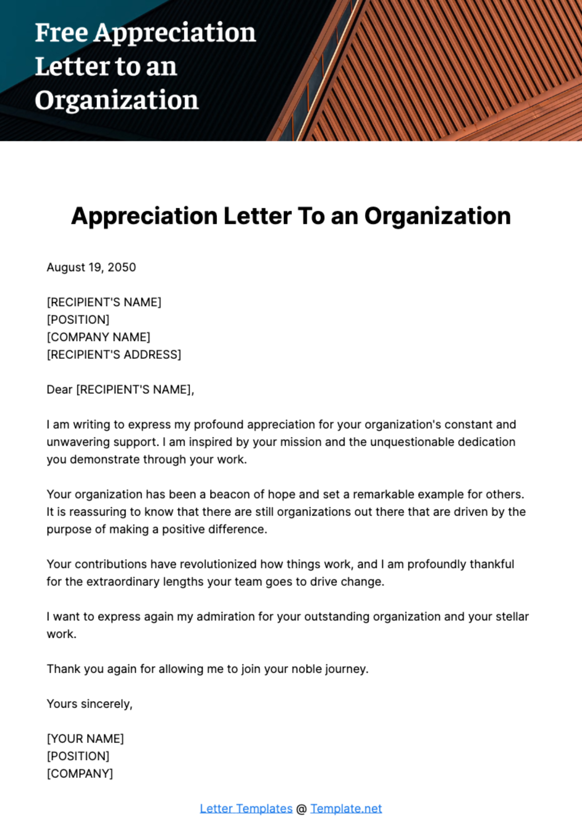 Free Appreciation Letter to an Organization Template