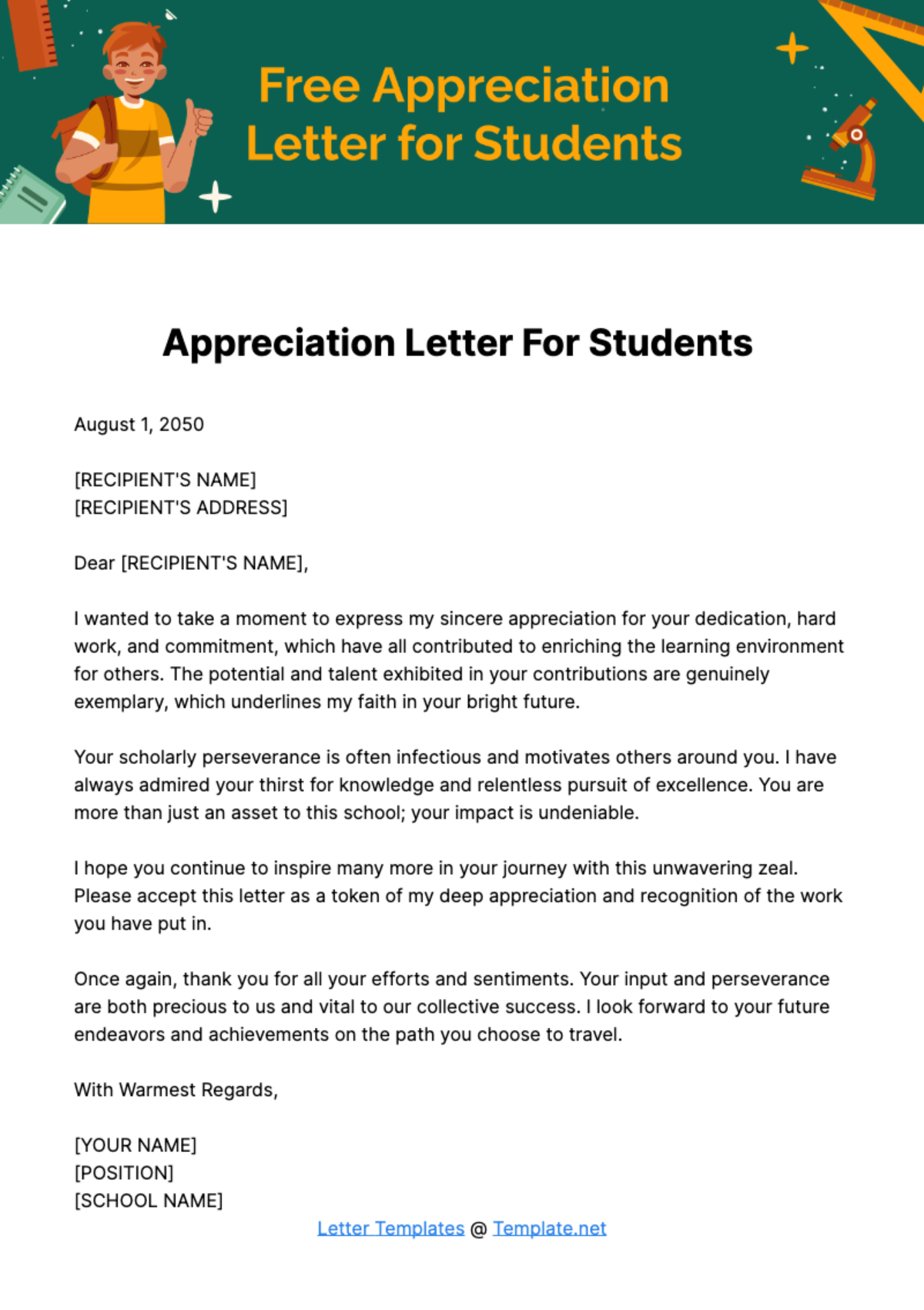 Free Appreciation Letter for Students Template