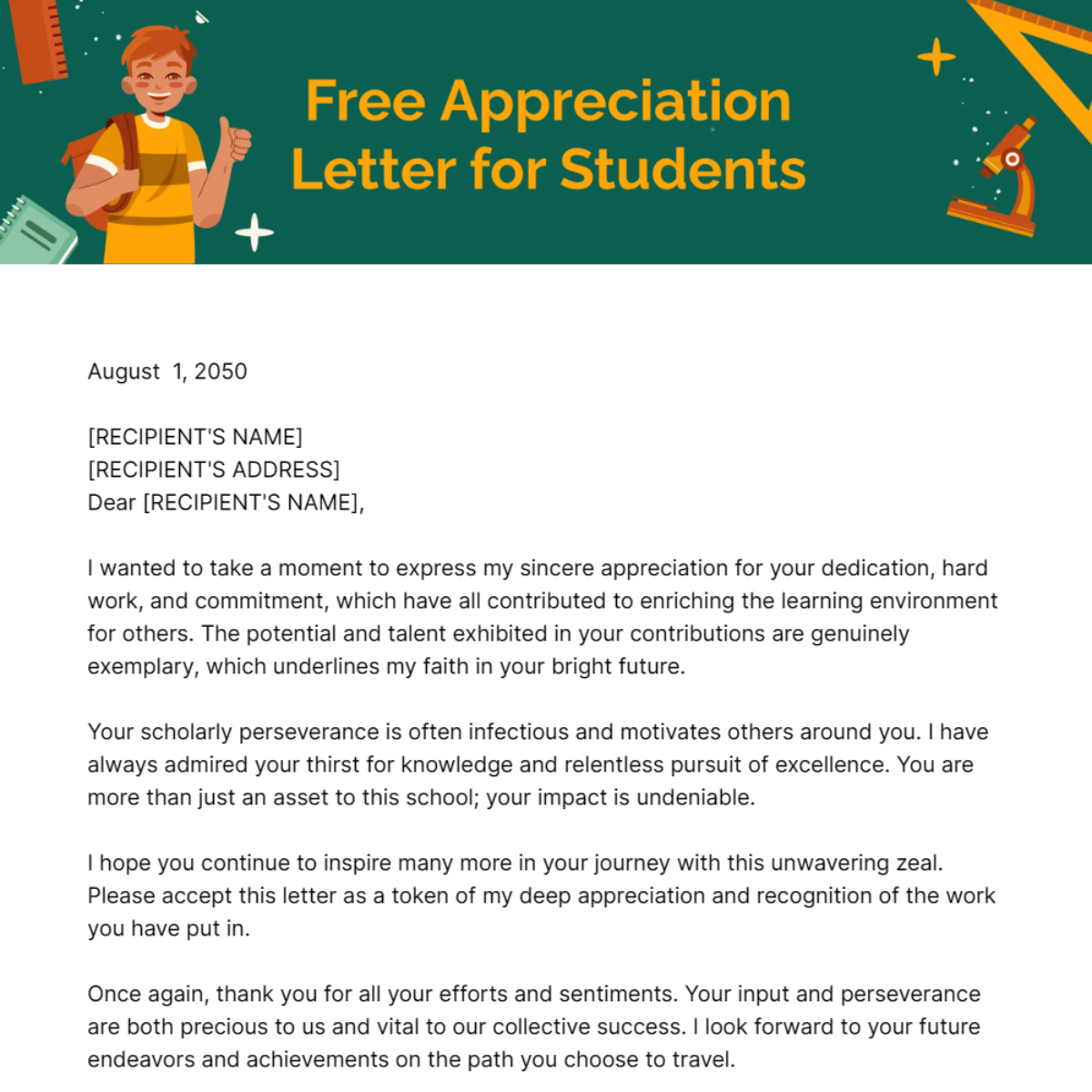Appreciation Letter for Students Template