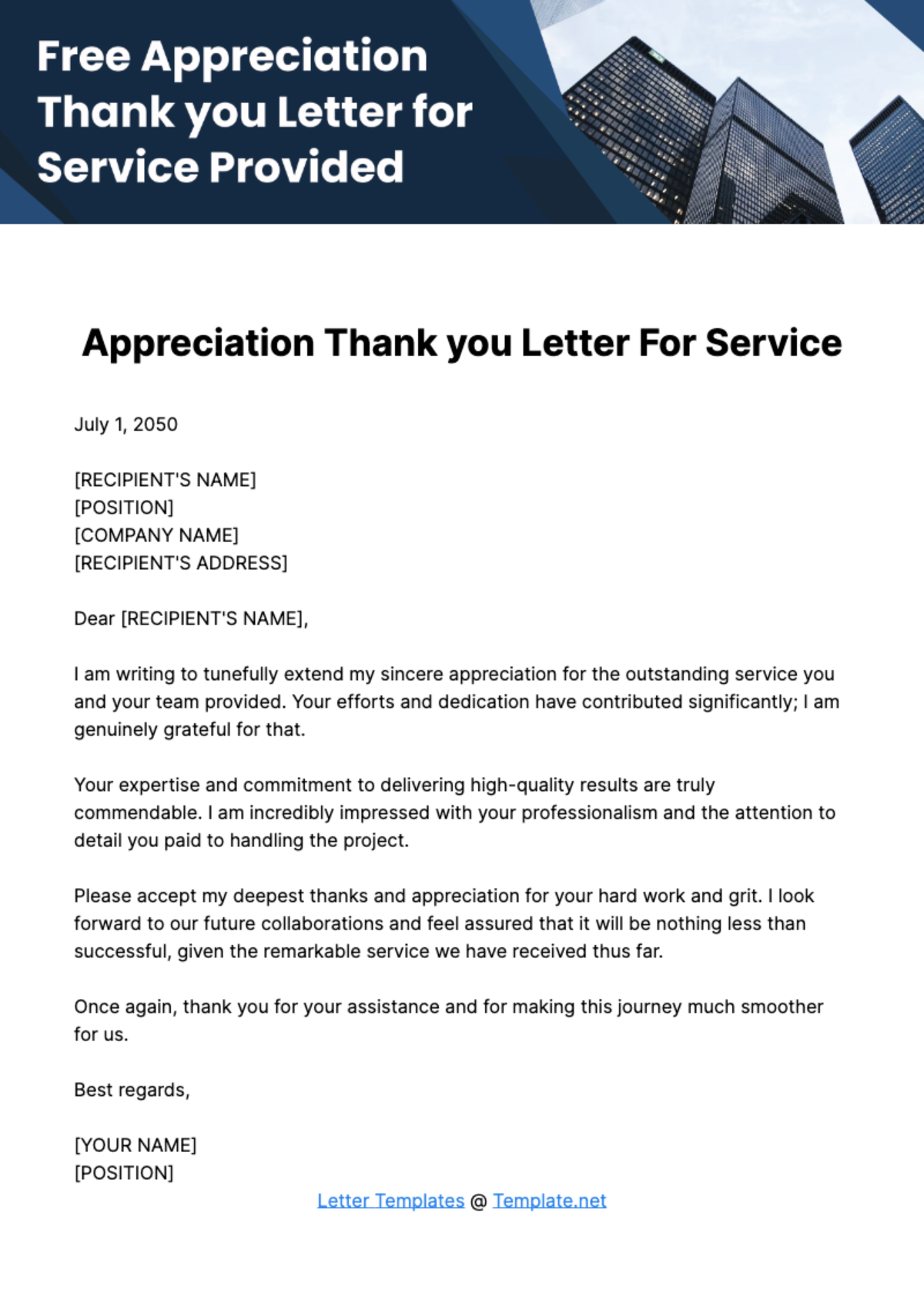 Free Appreciation Thank you Letter for Service Provided Template