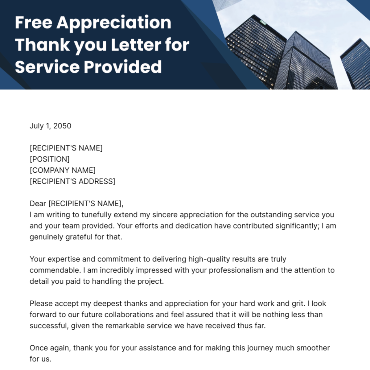 Appreciation Thank you Letter for Service Provided Template