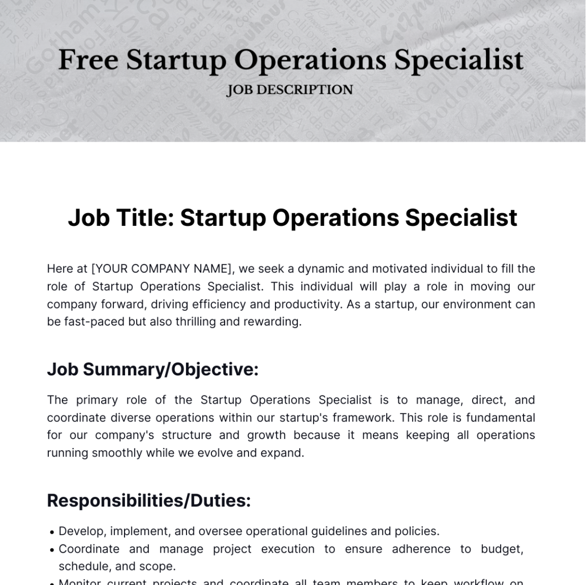 Startup Operations Job Description Template