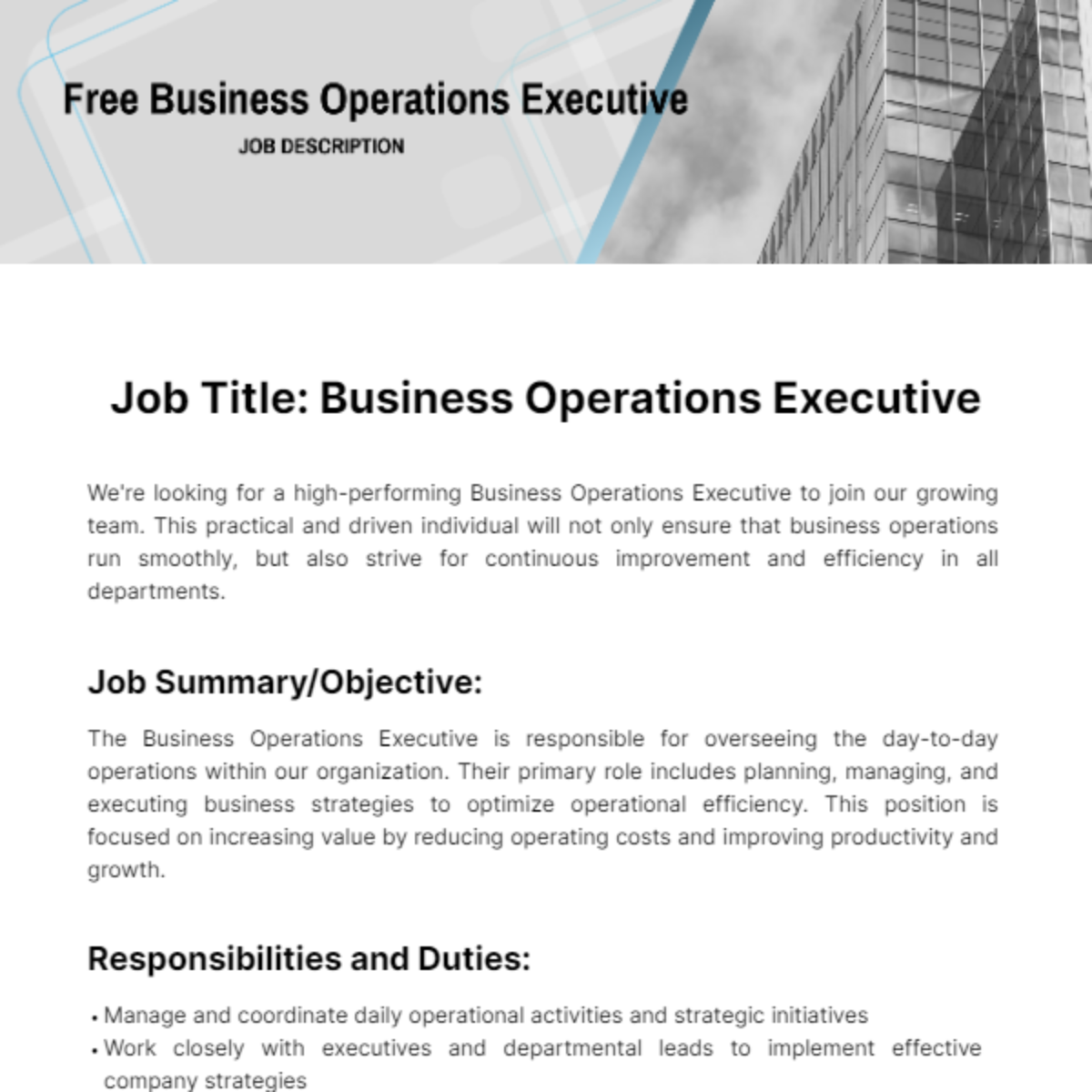 Business Operations Executive Job Description Template