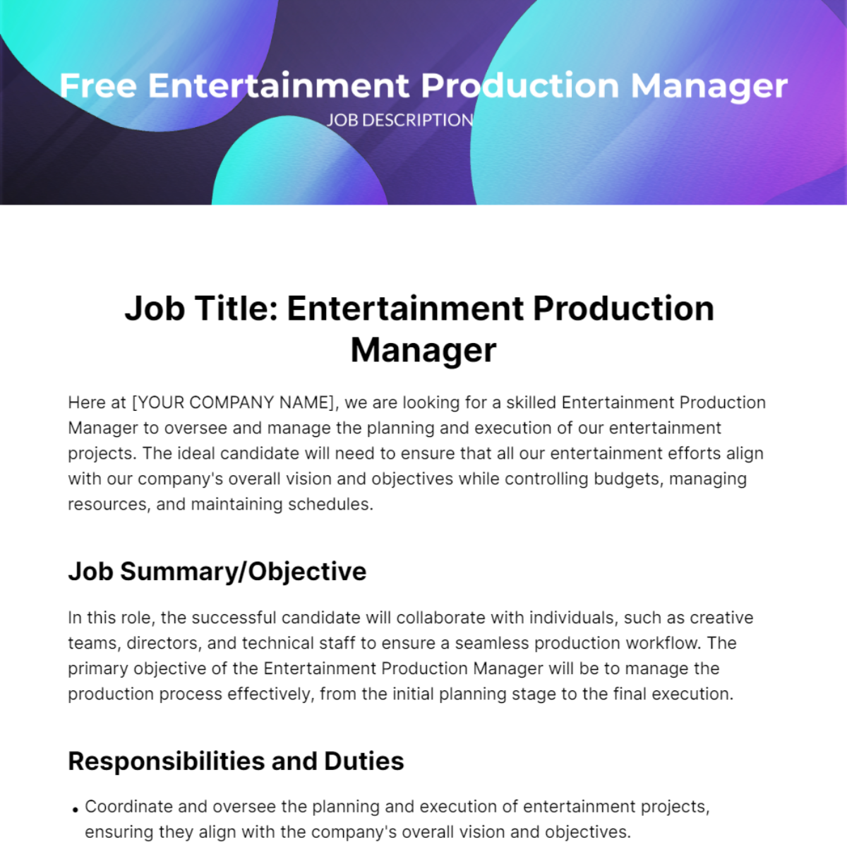 Entertainment Production Manager Job Description Template