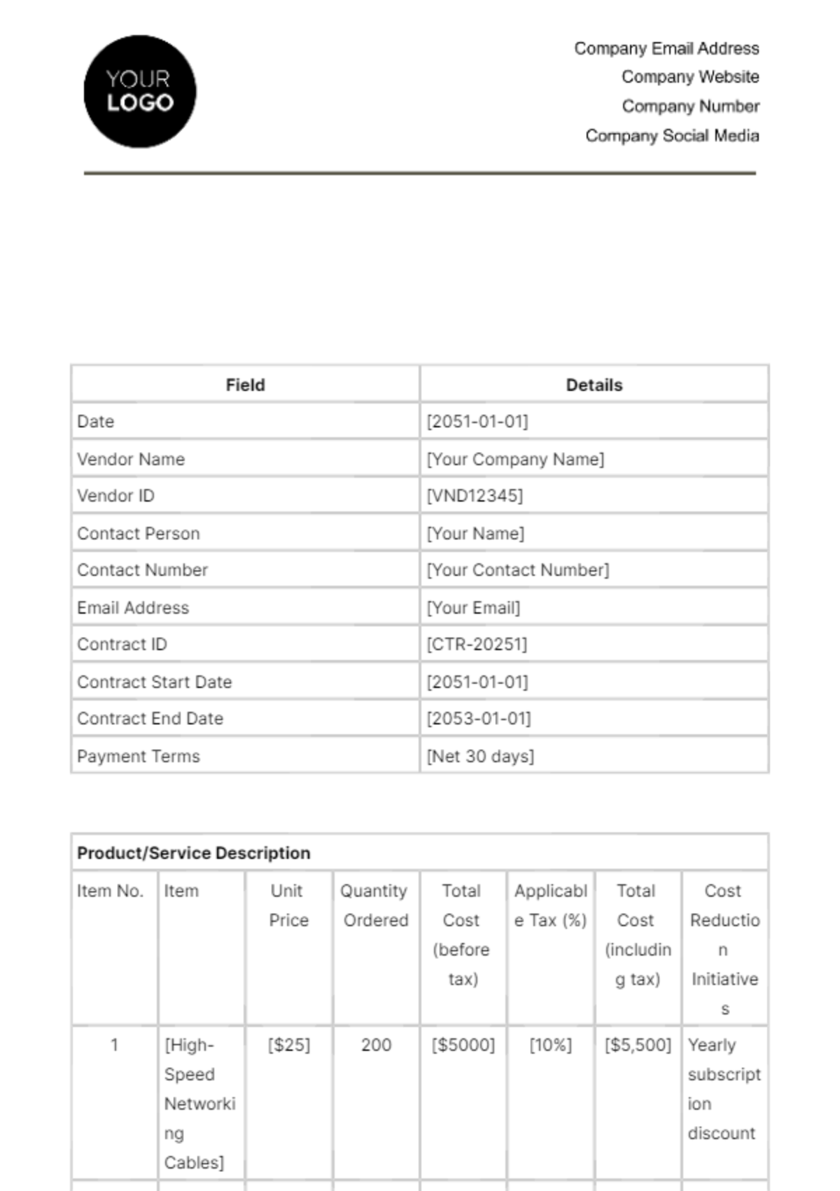 Free Finance Vendor Cost Form Template