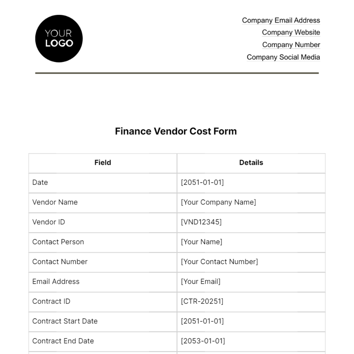 Finance Vendor Cost Form Template