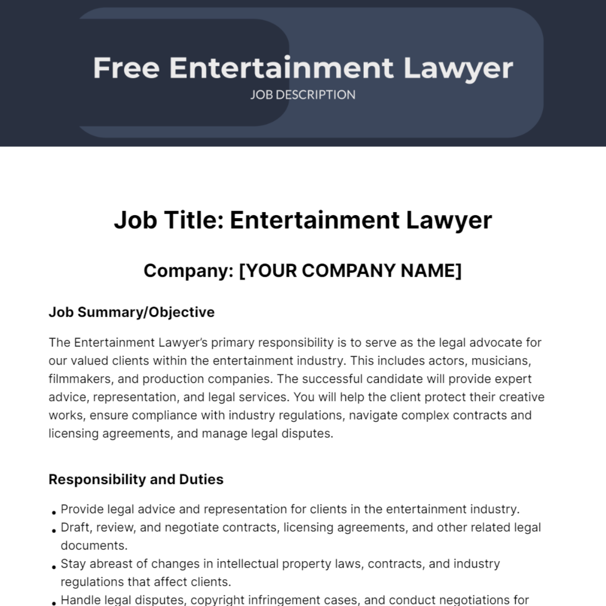 Free Entertainment Lawyer Job Description Template