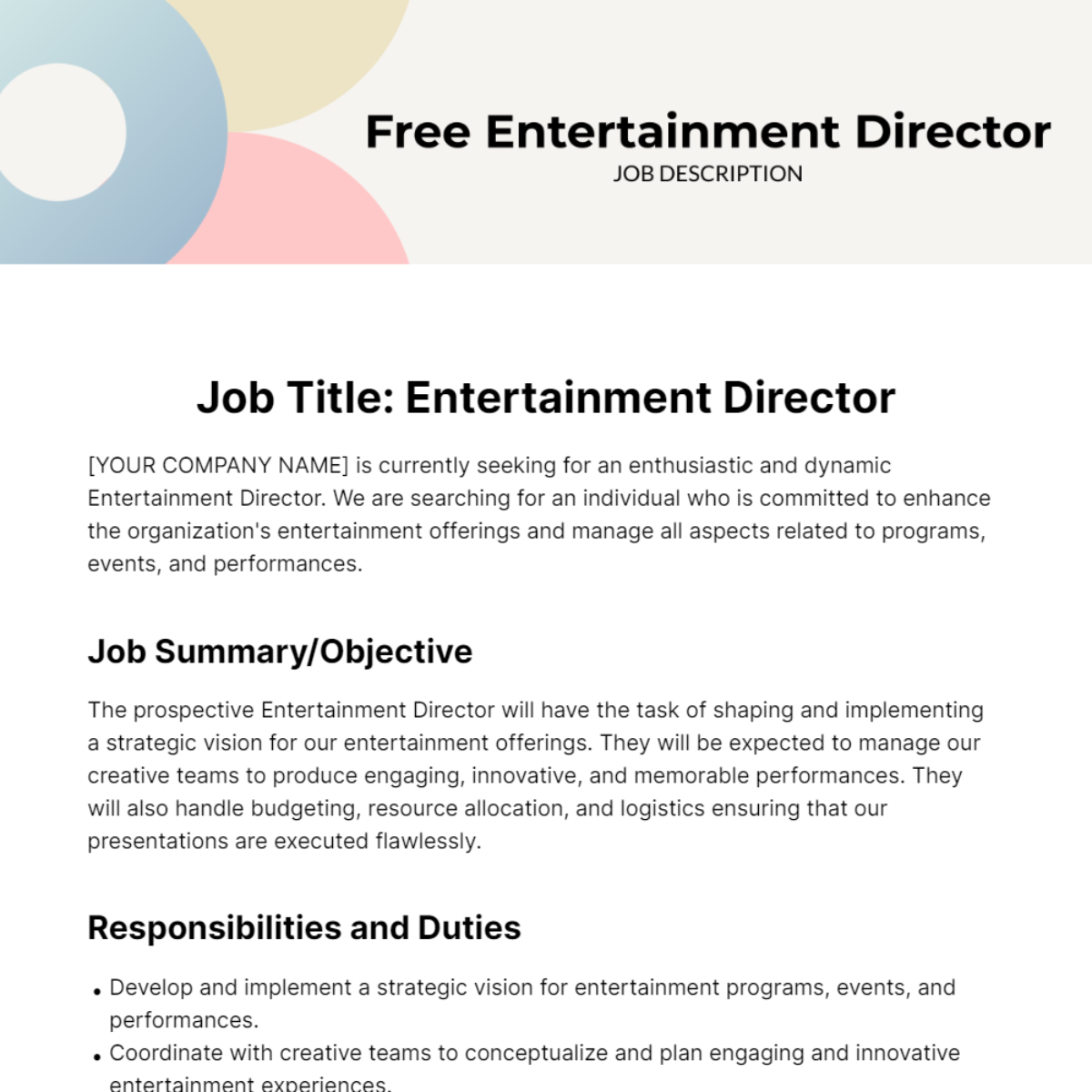 Free Entertainment Director Job Description Template