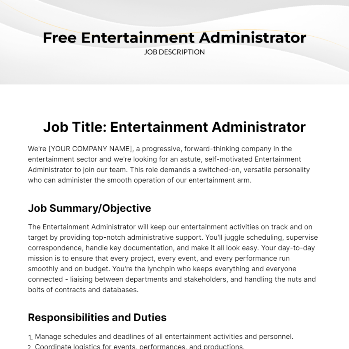 Free Entertainment Administrator Job Description Template