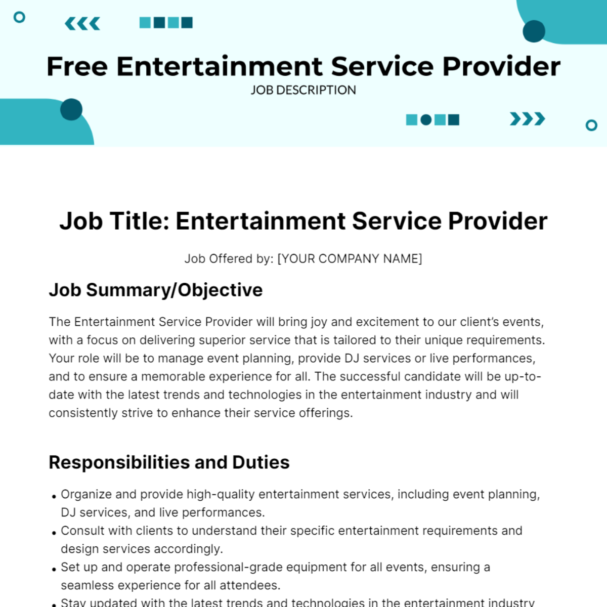 Free Entertainment Service Provider Job Description Template