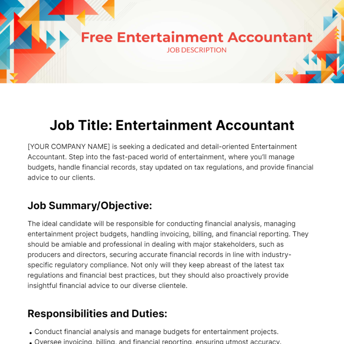 Free Entertainment Accountant Job Description Template