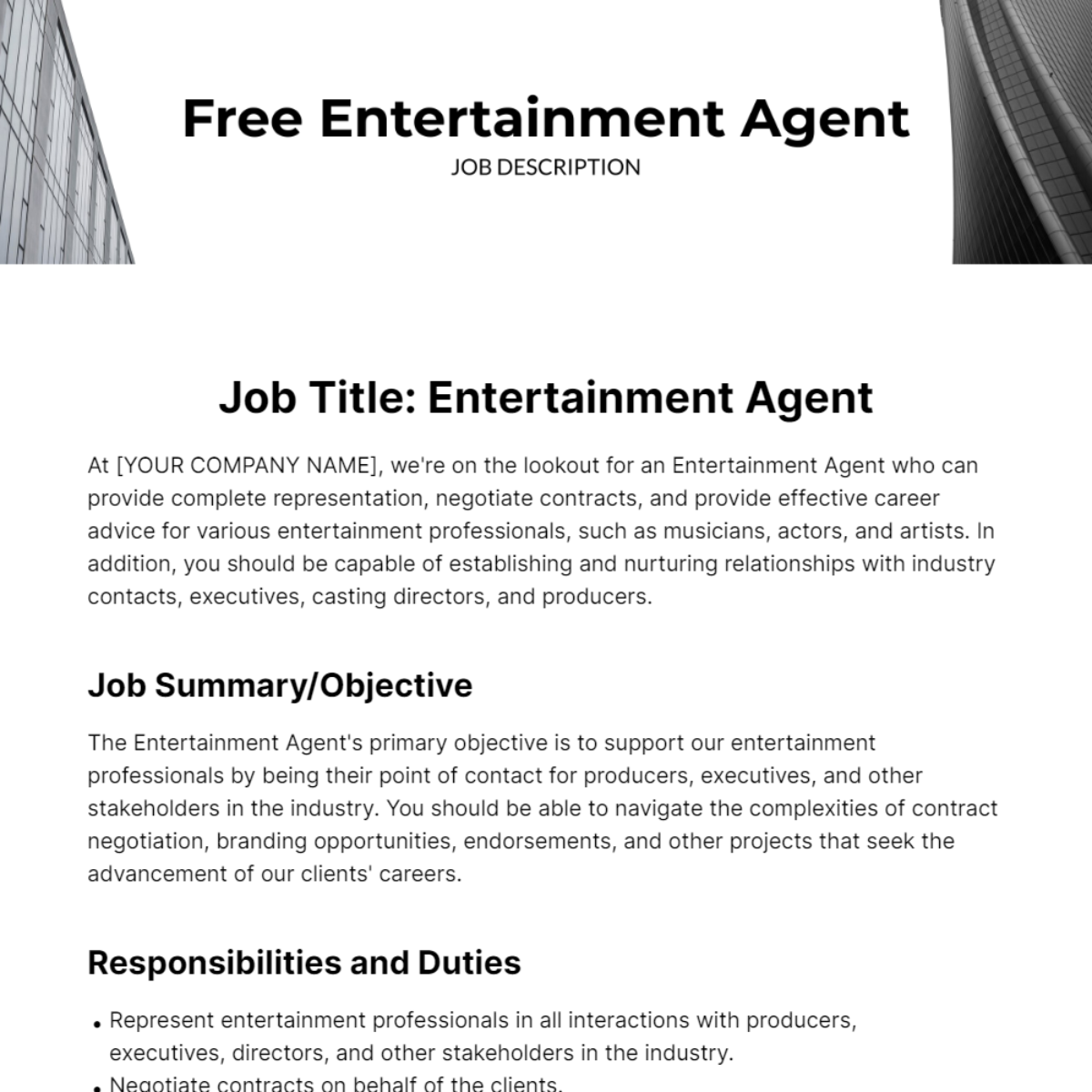 Free Entertainment Agent Job Description Template