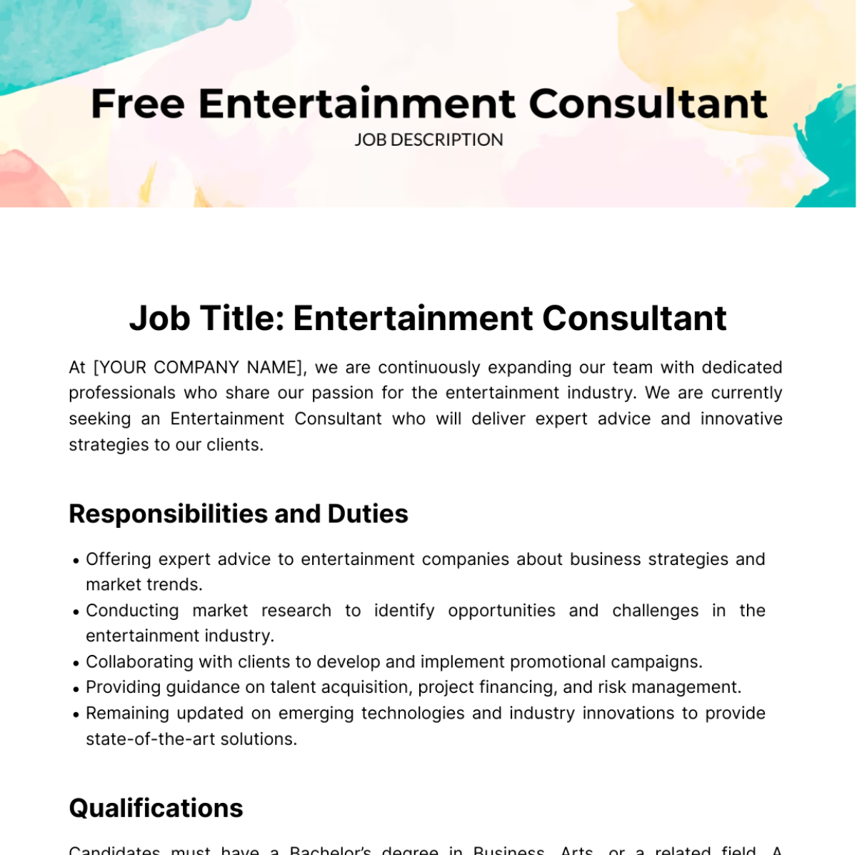 Free Entertainment Consultant Job Description Template