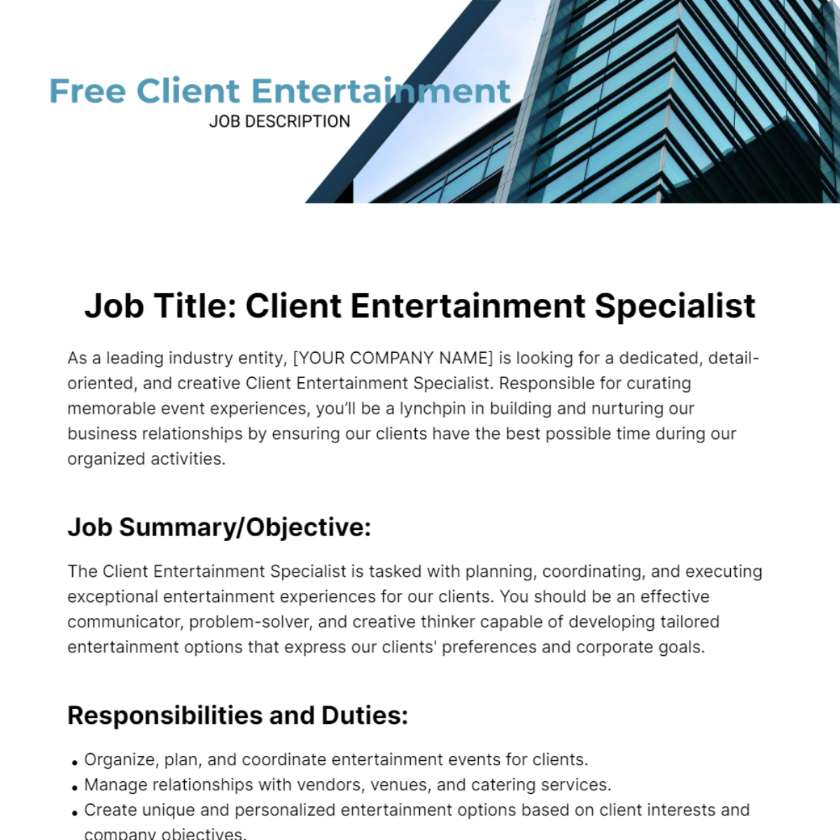 Free Client Entertainment Job Description Template