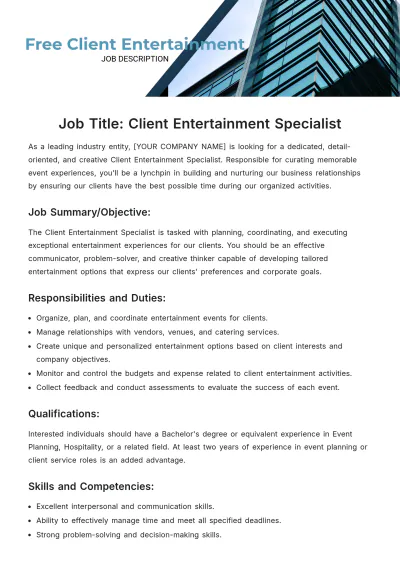 Free Client Entertainment Job Description Template to Edit Online
