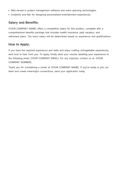 Free Client Entertainment Job Description Template to Edit Online