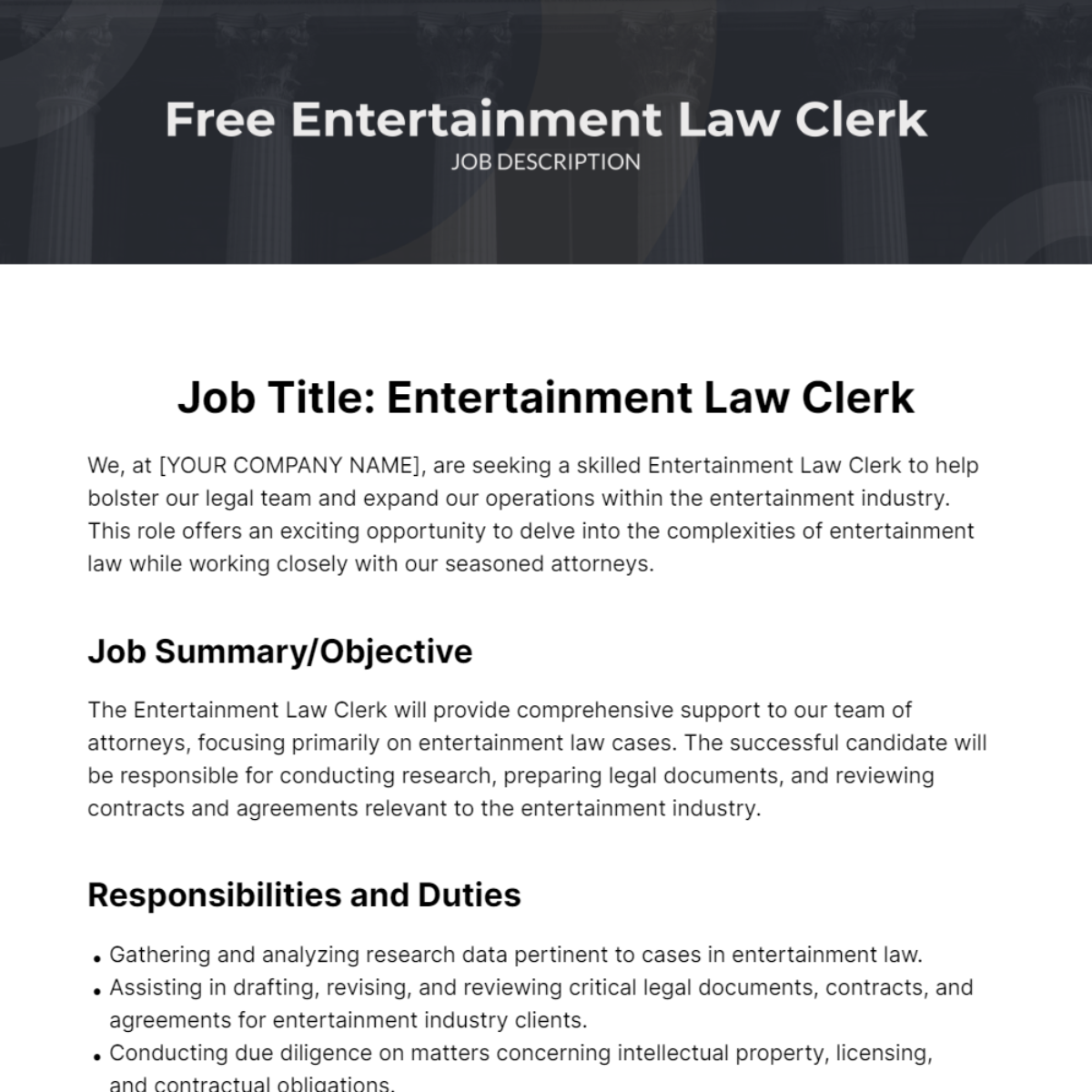 Free Entertainment Law Clerk Job Description Template