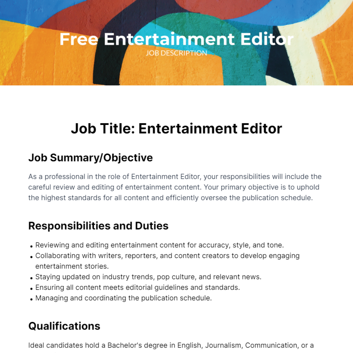 Free Entertainment Editor Job Description Template