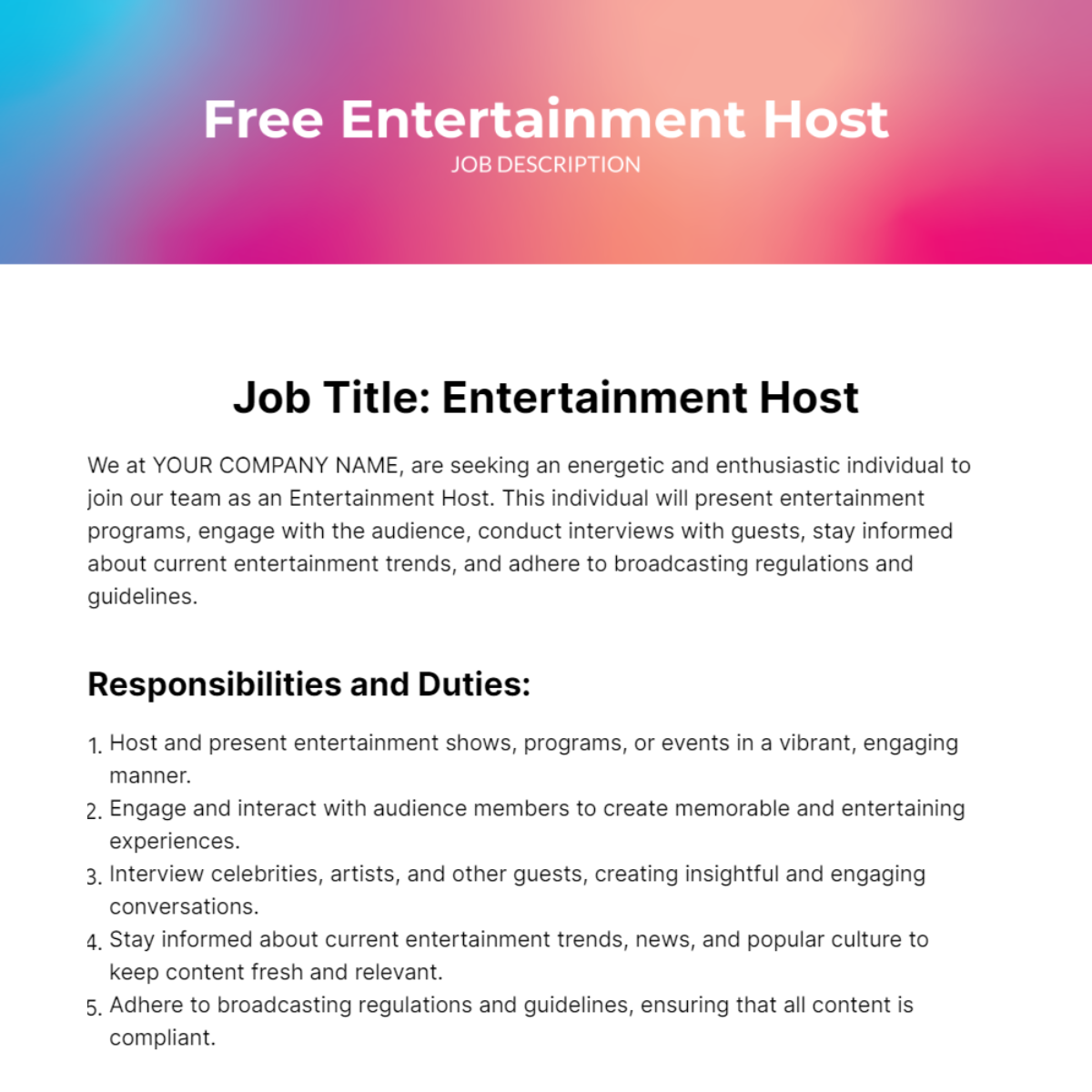 Free Entertainment Host Job Description Template