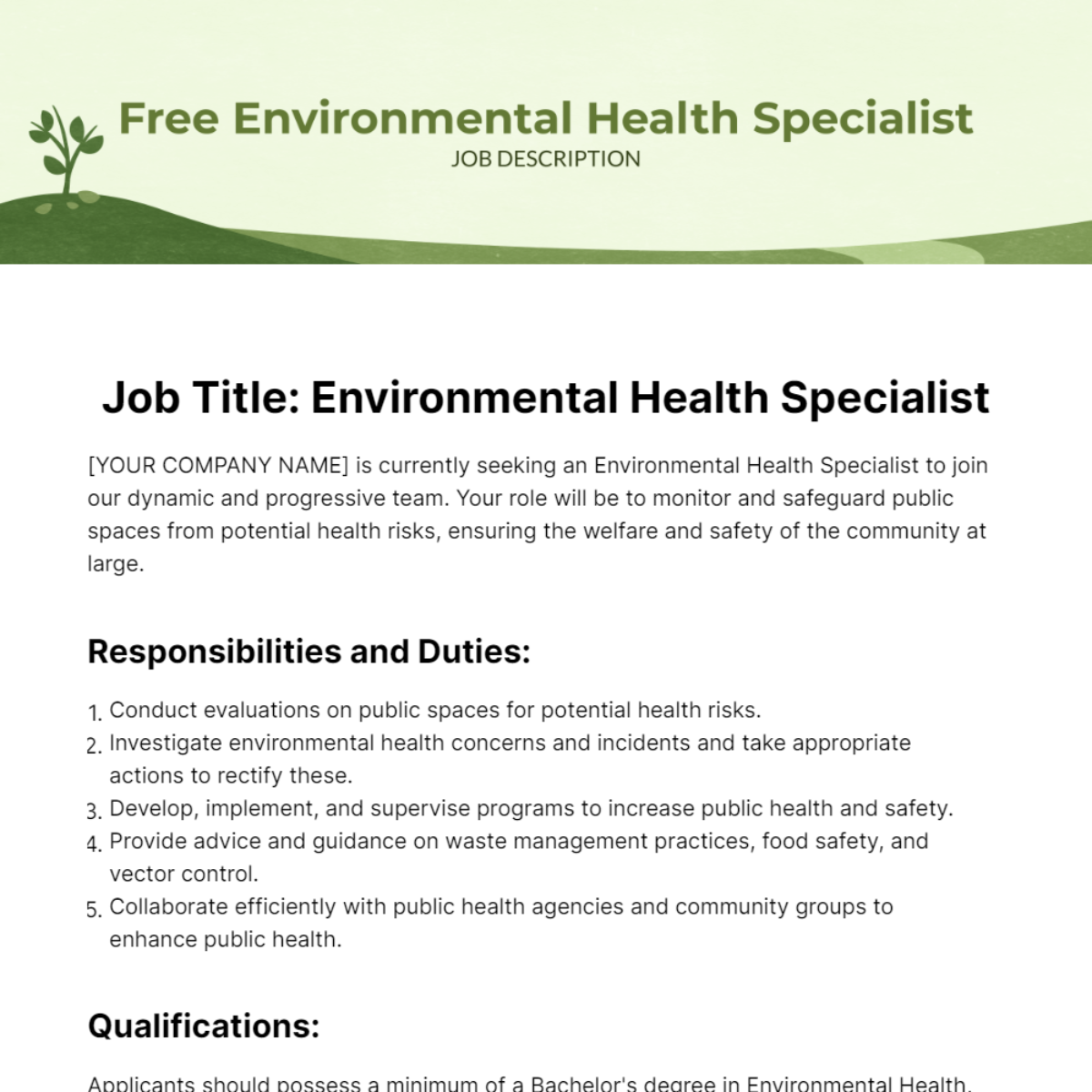 Environmental Health Specialist Job Description Template