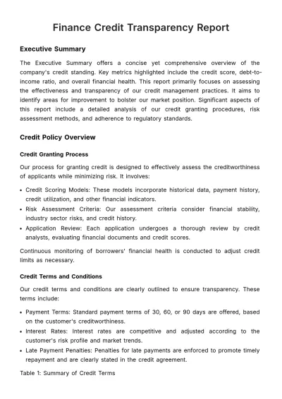 Free Finance Credit Transparency Report Template to Edit Online