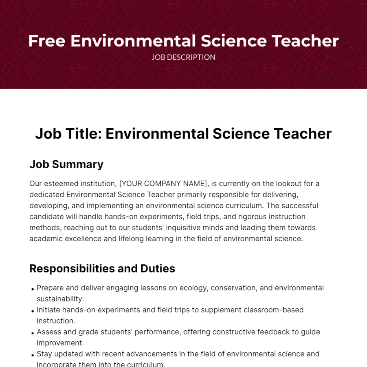 Environmental Science Teacher Job Description Template