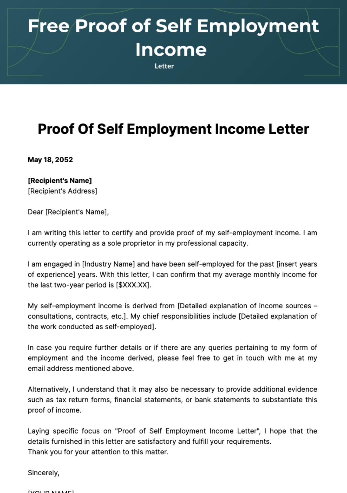 Free Proof of Self Employment Income Letter Template