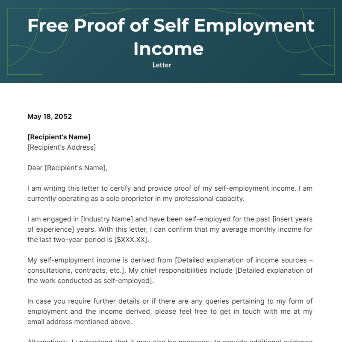 Proof of Self Employment Income Letter Template