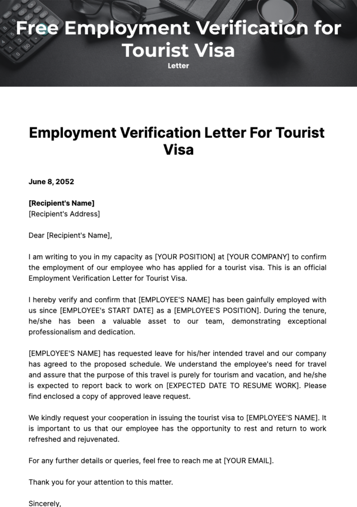 Free Employment Verification Letter for Tourist Visa Template