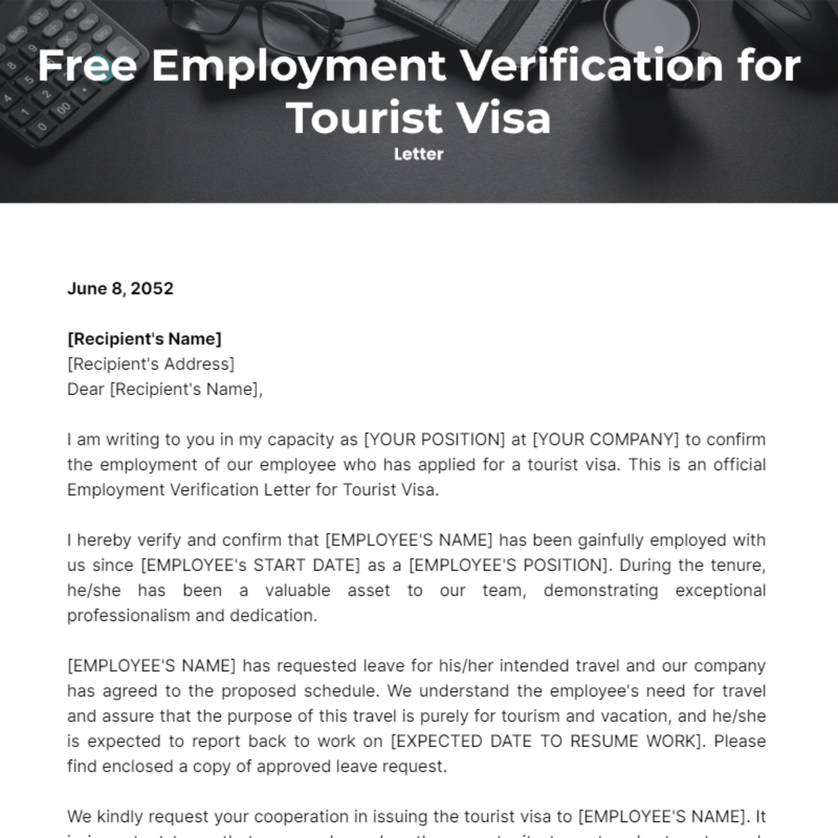 Employment Verification Letter for Tourist Visa Template
