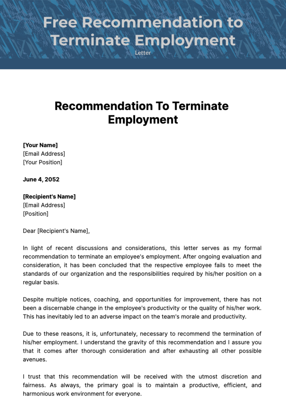 Recommendation to Terminate Employment Letter Template