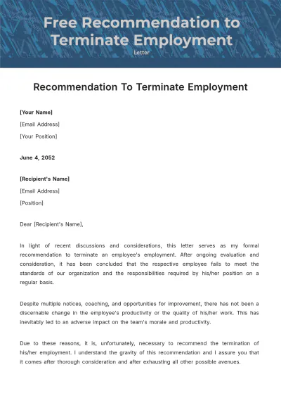 Free Recommendation to Terminate Employment Letter Template to Edit Online