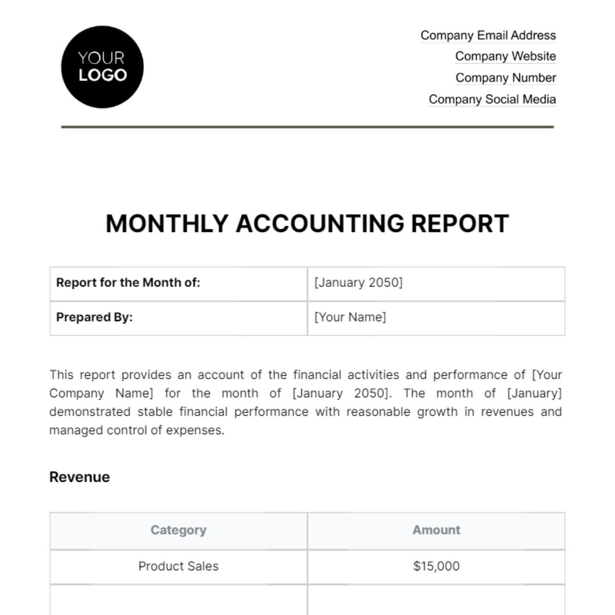 Monthly Accounting Report Template - Edit Online & Download Example