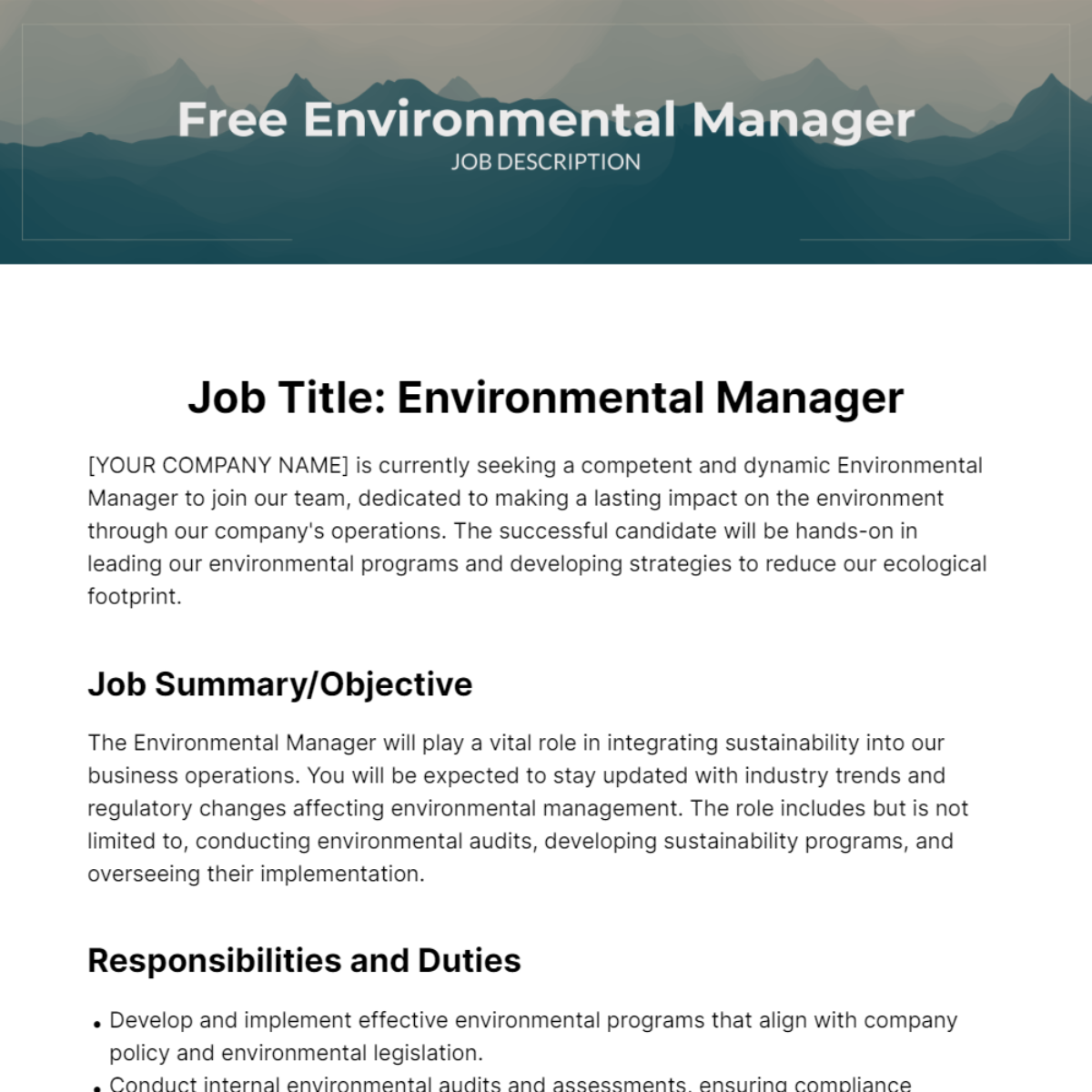 Environmental Manager Job Description Template