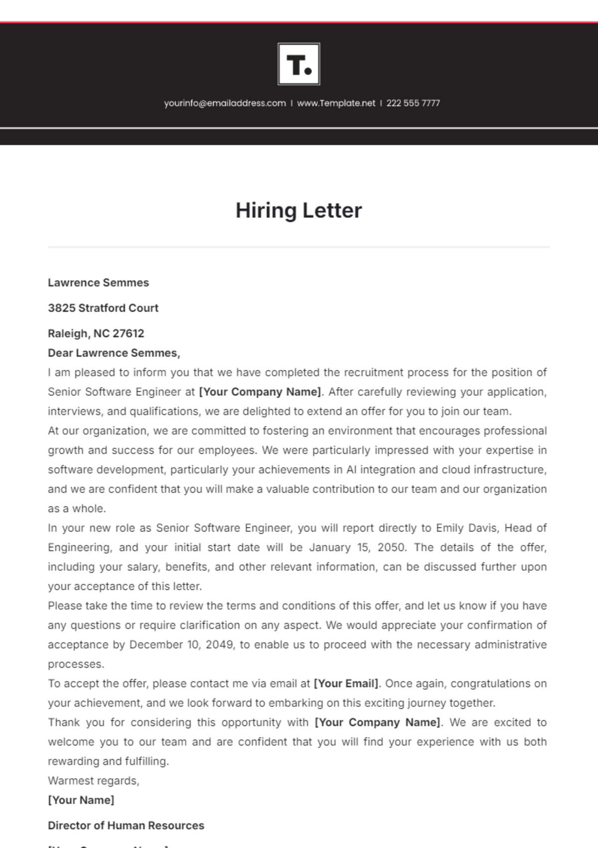 Hiring Letter Template - Edit Online & Download