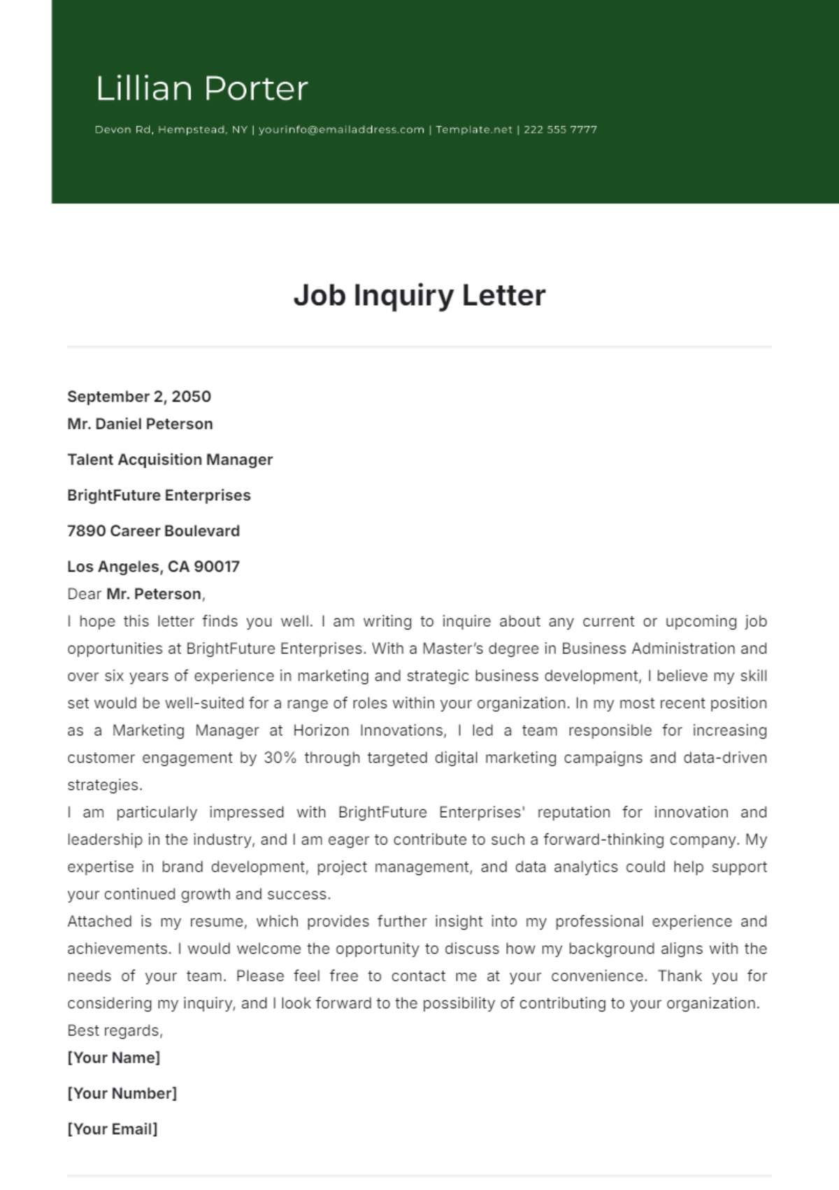 Job Inquiry Letter Format Template - Edit Online & Download