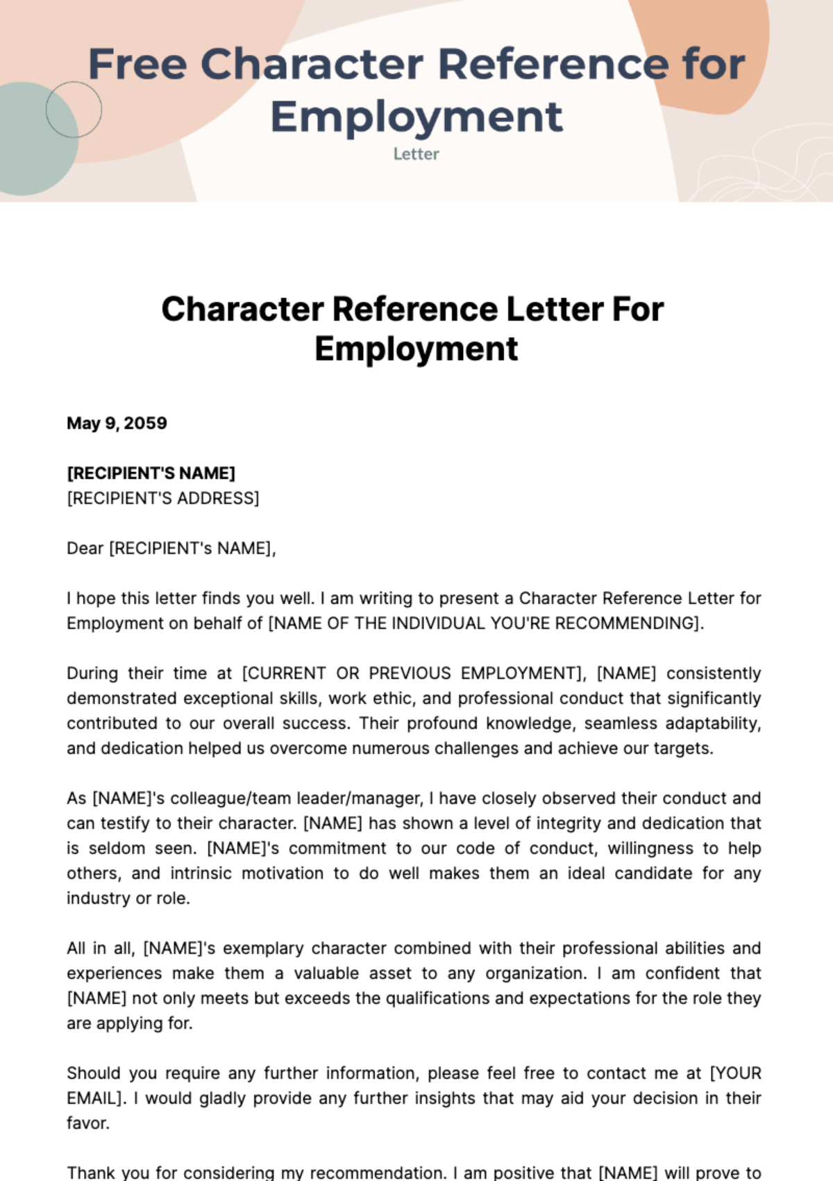 Free Character Reference Letter for Employment Template