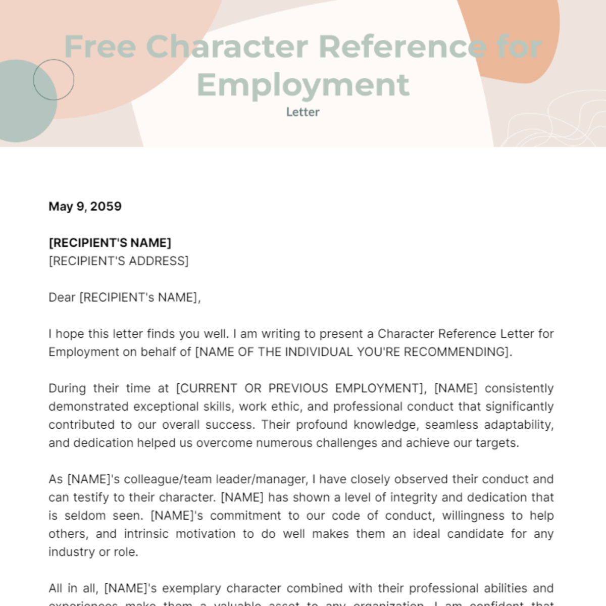 Character Reference Letter for Employment Template