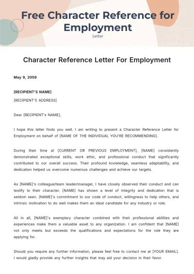 Free Character Reference Letter for Employment Template to Edit Online