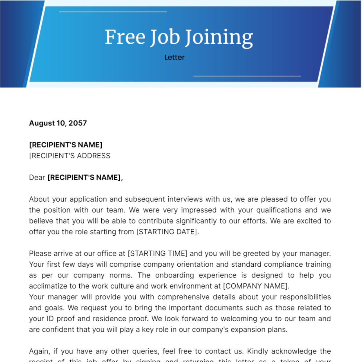 Job Joining Letter Template
