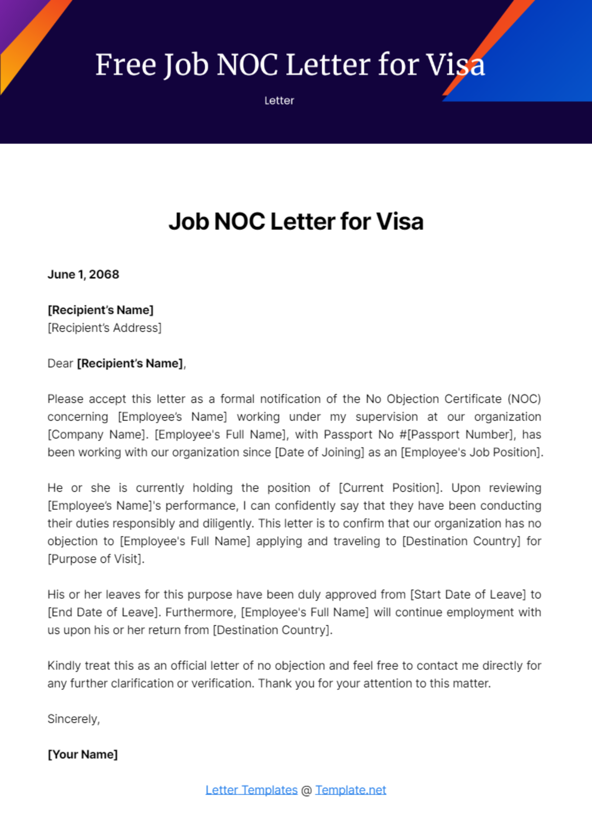 Job NOC Letter for Visa Template