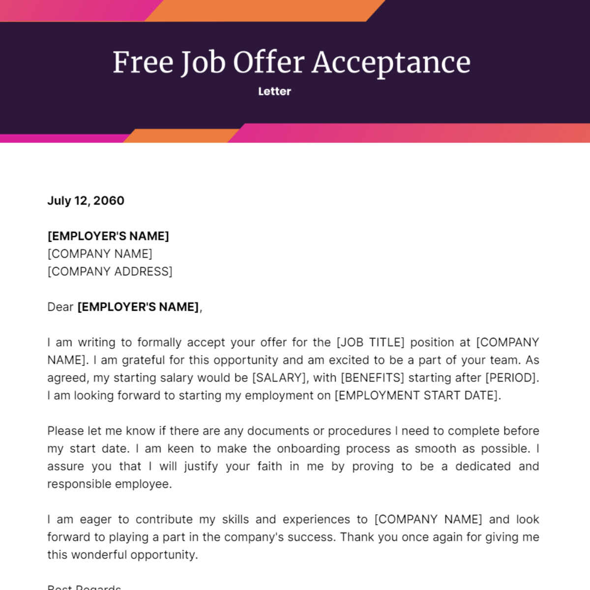 Job Offer Acceptance Letter Template