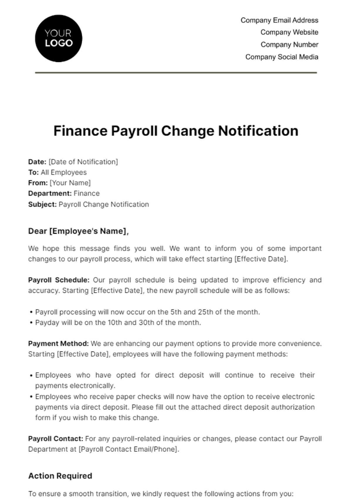 Finance Payroll Change Notification Template - Edit Online & Download