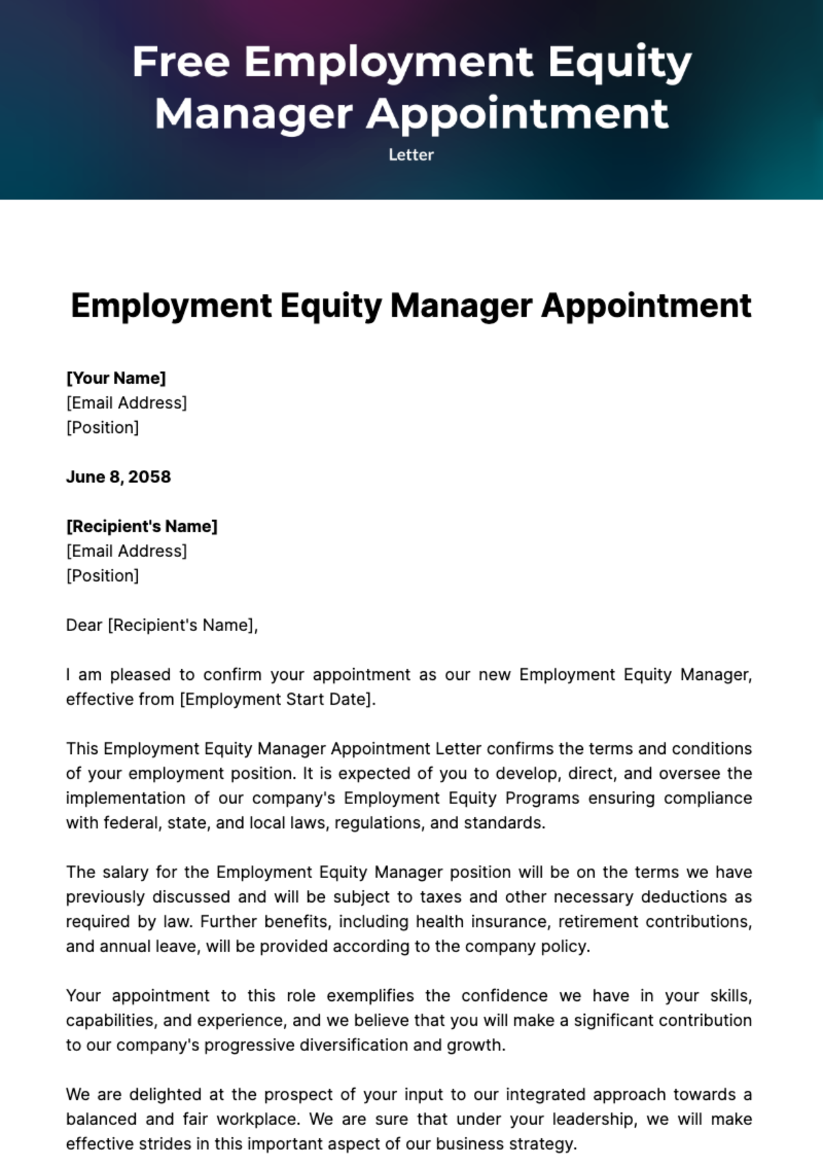 Free Employment Equity Manager Appointment Letter Template