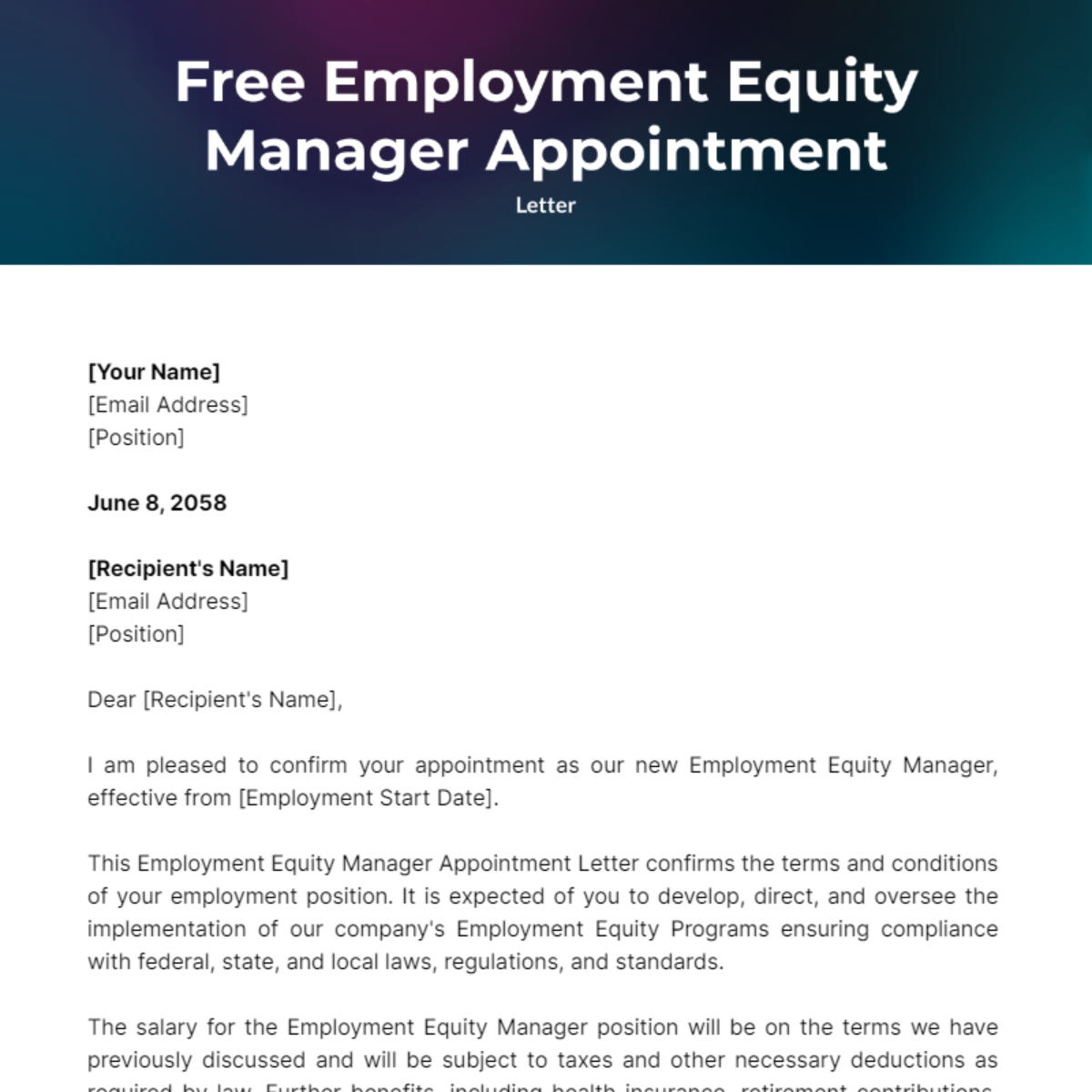 Employment Equity Manager Appointment Letter Template
