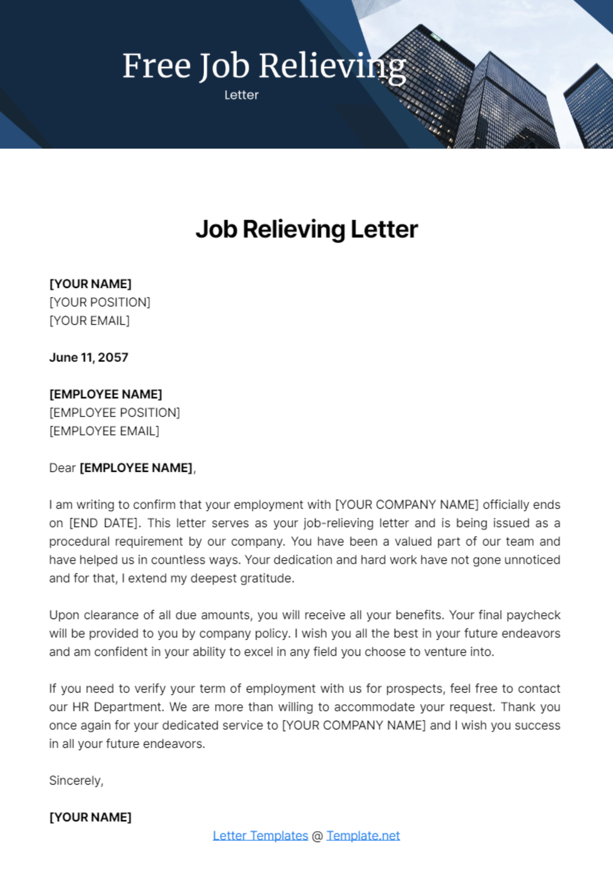 Job Relieving Letter Template
