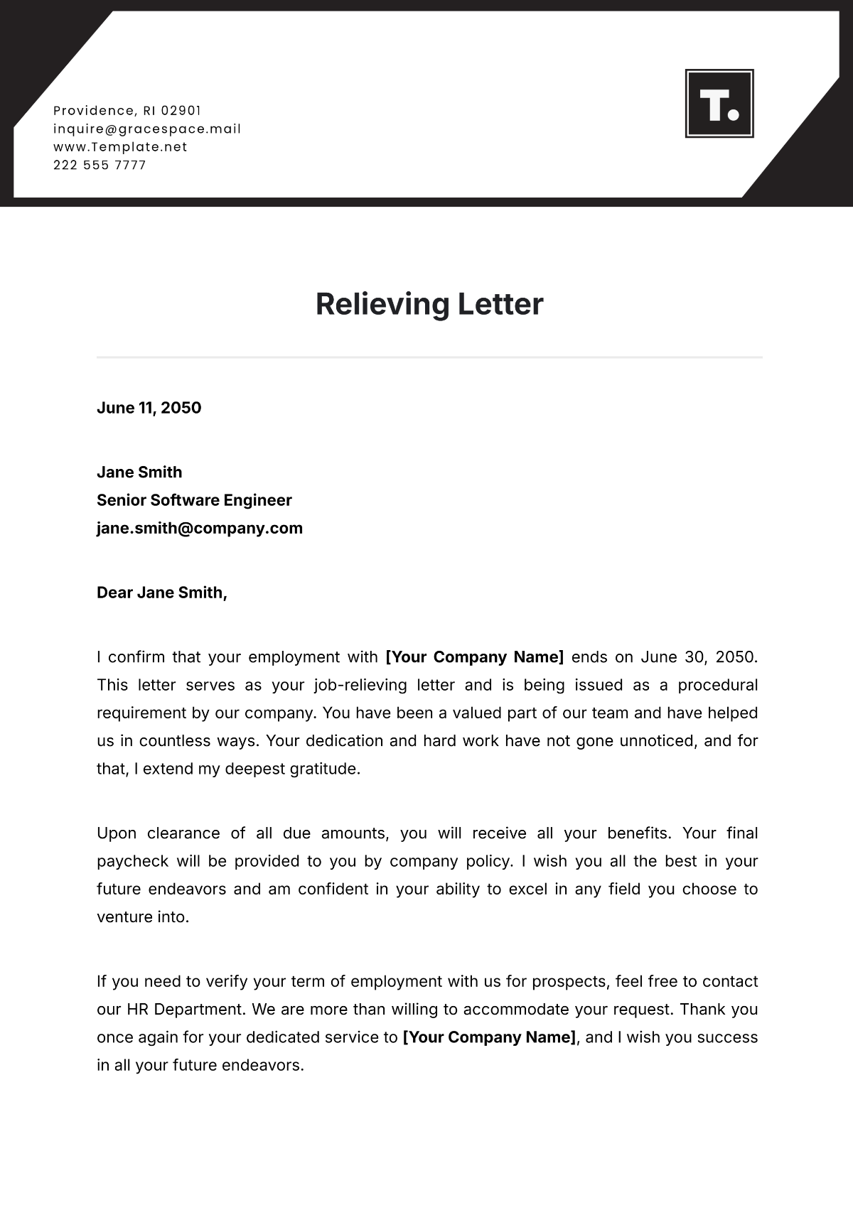 Relieving Letter Template - Edit Online & Download